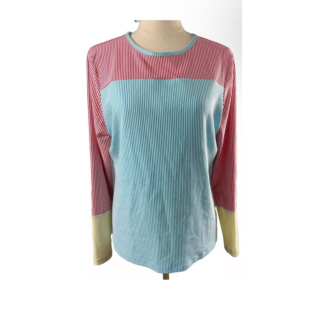 Lands End Women's Swim Tee Rash Guard UPF 50 Size XS Striped Colorblock - Picture 1 of 9